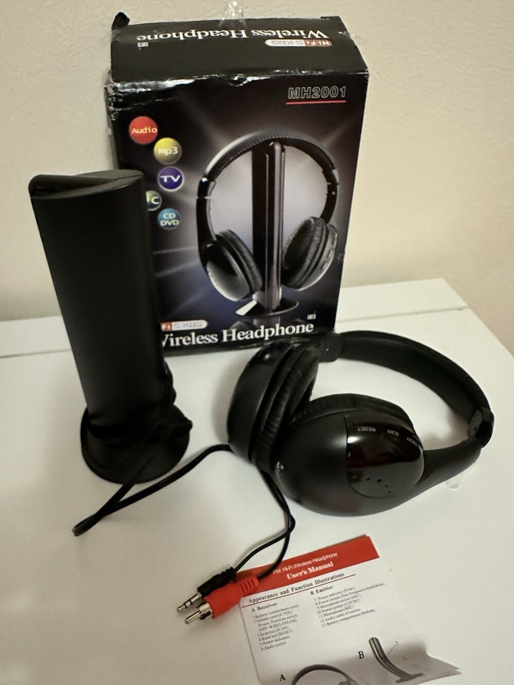 MH2001 RF Wireless Over-Ear Headphones w/ Transmitter Base, FM Radio, Black